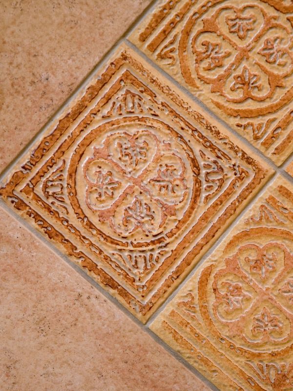 Patterned terracotta tiles on floor