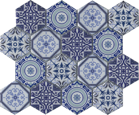 ARABIA BLUE PATTERNED HEXAGON SATIN 73X73 K2-P719 TILES