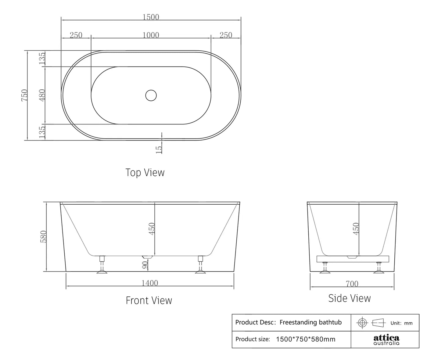 ATTICA NOOSA BATH 1500 GLOSS WHITE ANBT-1500