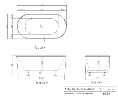 ATTICA NOOSA BATH 1500 GLOSS WHITE ANBT-1500