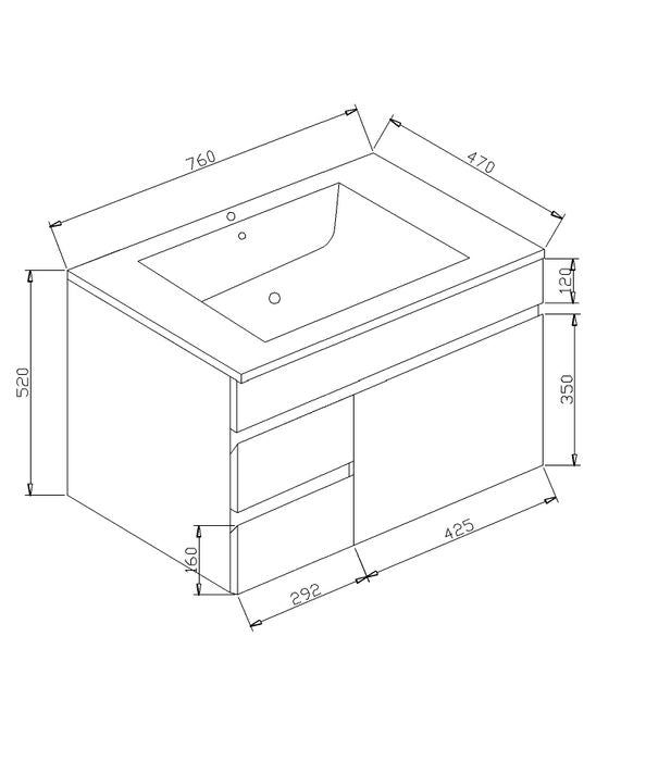 Pavia Cabinet Wall Hung with Ceramic Top Left Hand 750x460