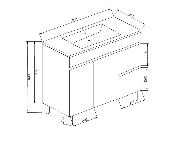 Slimline 900 Vanity Leg Ceramic Top Right Hand Drawers