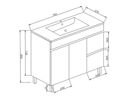 Slimline 900 Vanity Leg Ceramic Top Right Hand Drawers