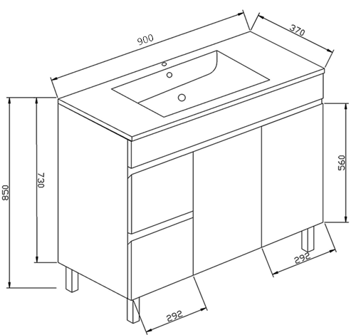 Slimline 900 Vanity with Legs Ceramic Top Left Hand Drawers