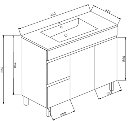 Slimline 900 Vanity with Legs Ceramic Top Left Hand Drawers