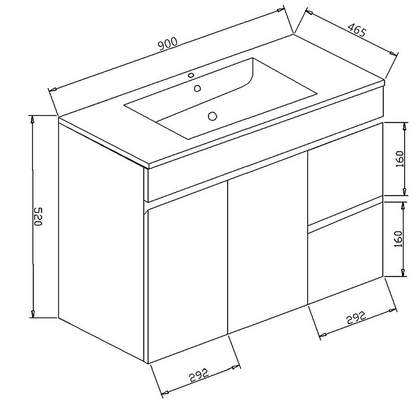 Pavia Cabinet Wall Hung with Ceramic Top - Right Hand Drawers 900x460