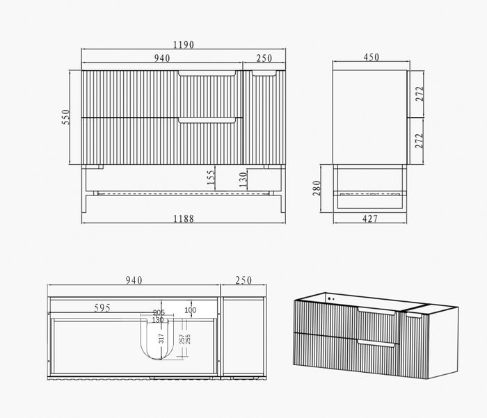 Noosa 1200x460x550 Wall Hung Ceramic Top Matte White