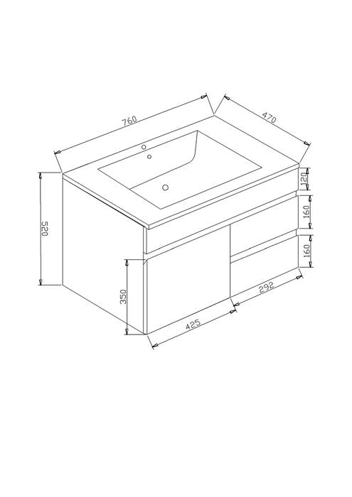 PVC Cabinet Wall Hung with Ceramic Top Right Hand Drawer 750x460