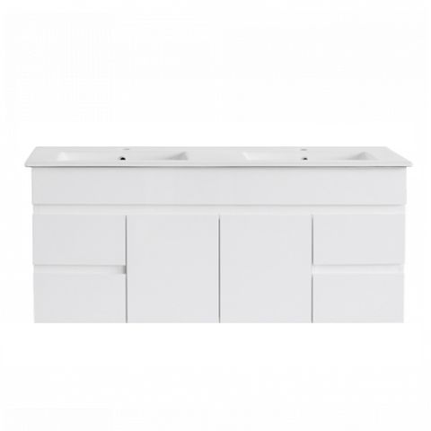 PVC 1200 Vanity Wall Hung Ceramic Top Double Bowl