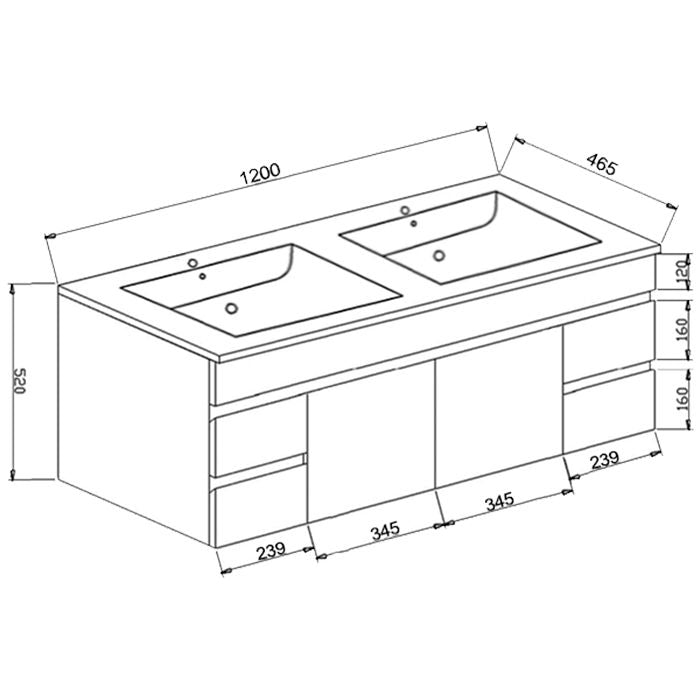 PVC 1200 Vanity Wall Hung Ceramic Top Double Bowl