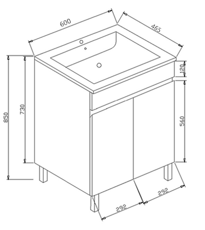 PVC Vanity Leg Ceramic Top 600x460