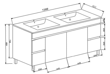 PVC 1500 Vanity Leg Ceramic Top Double Bowl