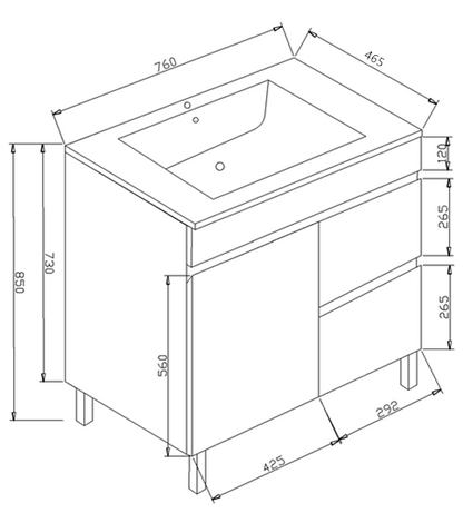 PVC Cabinet Leg with Ceramic Top - Right Hand Drawers 750x460