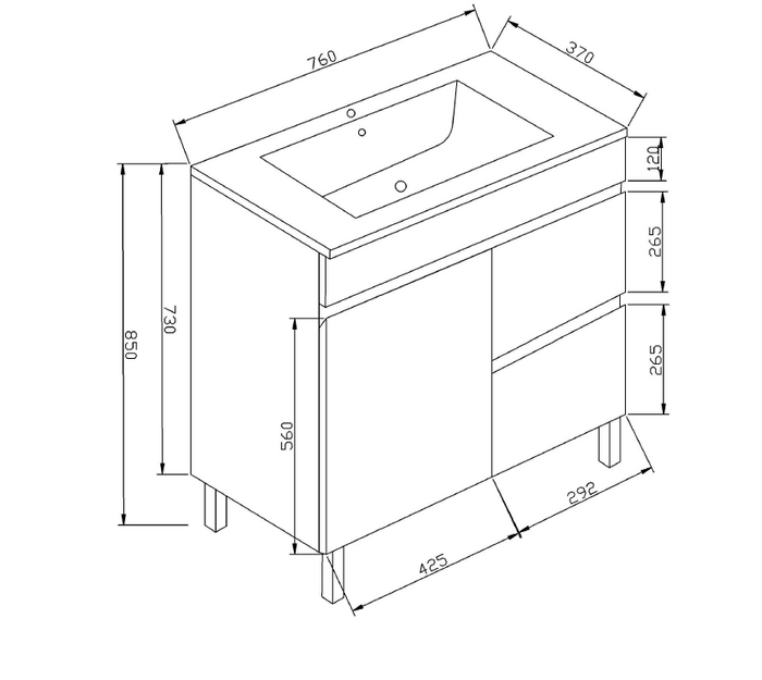 PVC Cabinet 750x360 Leg - Right Hand Drawer and Ceramic Top