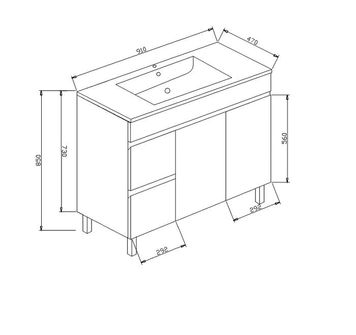 PVC Cabinet Leg with Left Hand Drawer 900x460